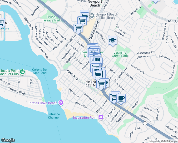 map of restaurants, bars, coffee shops, grocery stores, and more near 506 1/2 Goldenrod Avenue in Newport Beach