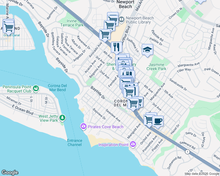 map of restaurants, bars, coffee shops, grocery stores, and more near 432 1/2 Fernleaf Avenue in Newport Beach