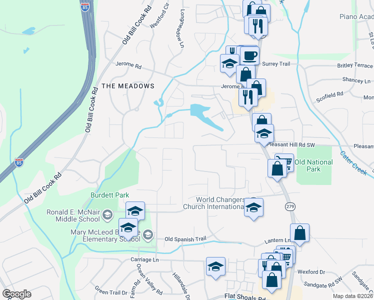 map of restaurants, bars, coffee shops, grocery stores, and more near 5460 Hampton Court in College Park