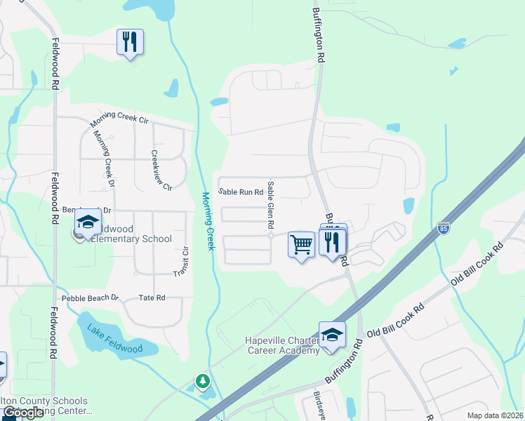 map of restaurants, bars, coffee shops, grocery stores, and more near 5740 Sable Glen Road in Atlanta