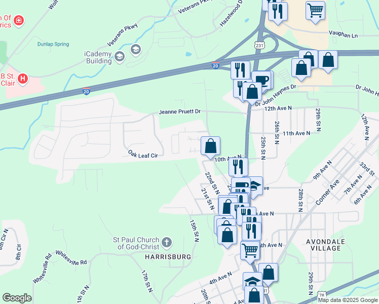 map of restaurants, bars, coffee shops, grocery stores, and more near 1103 23rd Street North in Pell City