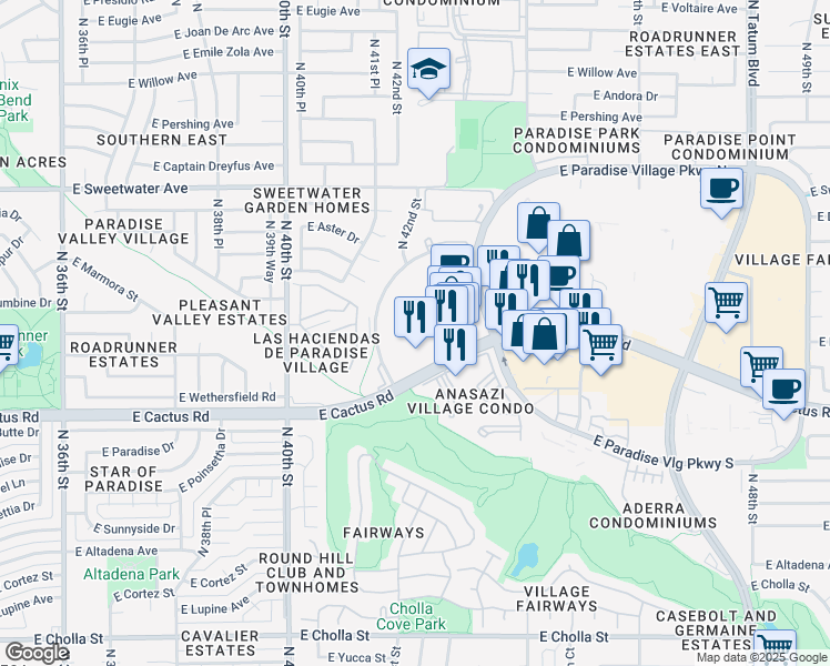 map of restaurants, bars, coffee shops, grocery stores, and more near 4202 East Cactus Road in Phoenix