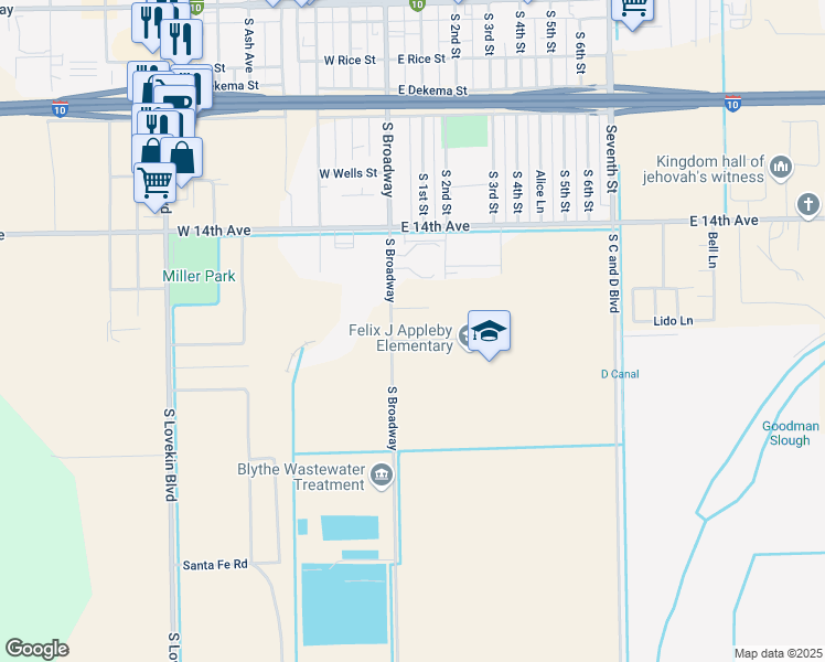 map of restaurants, bars, coffee shops, grocery stores, and more near 10484 East Vernon Avenue in Blythe