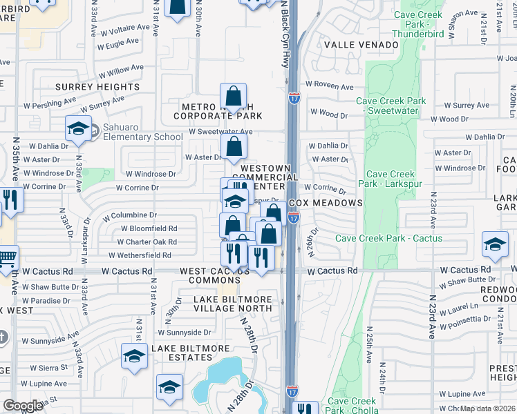 map of restaurants, bars, coffee shops, grocery stores, and more near 2709 West Larkspur Drive in Phoenix