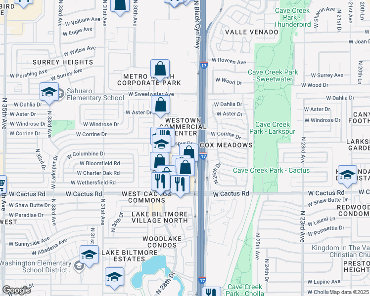 map of restaurants, bars, coffee shops, grocery stores, and more near 2705 West Larkspur Drive in Phoenix
