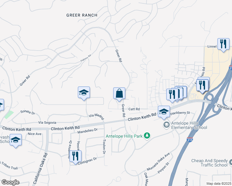 map of restaurants, bars, coffee shops, grocery stores, and more near 35895 Greer Road in Murrieta
