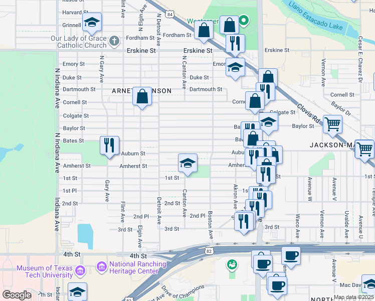 map of restaurants, bars, coffee shops, grocery stores, and more near 2778 Auburn Street in Lubbock
