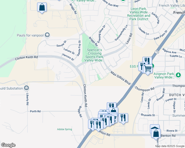 map of restaurants, bars, coffee shops, grocery stores, and more near 30604 Gray Wolf Way in Murrieta