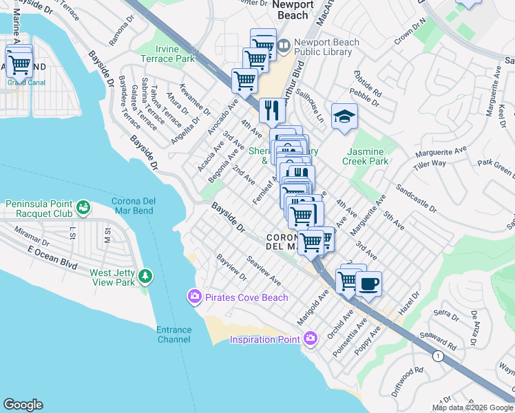 map of restaurants, bars, coffee shops, grocery stores, and more near 432 1/2 Fernleaf Avenue in Newport Beach