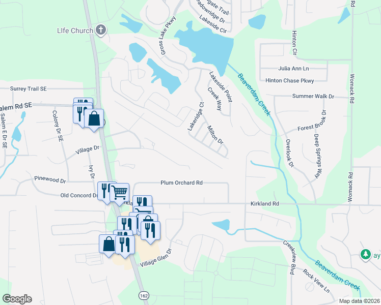 map of restaurants, bars, coffee shops, grocery stores, and more near 3414 Salem Cove Trail Southeast in Conyers
