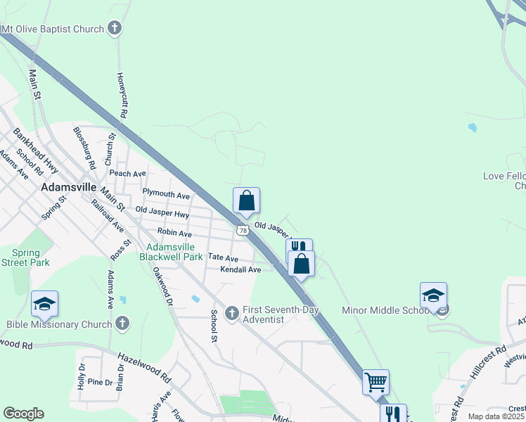 map of restaurants, bars, coffee shops, grocery stores, and more near 4238 Harden Street in Adamsville