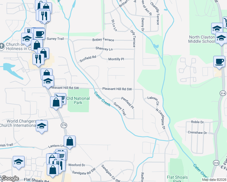 map of restaurants, bars, coffee shops, grocery stores, and more near 5650 Hunters Forest Lane in College Park