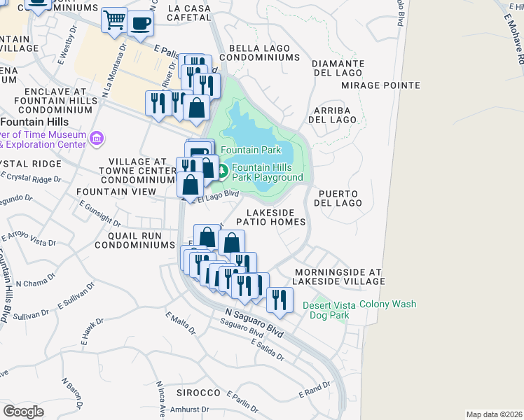 map of restaurants, bars, coffee shops, grocery stores, and more near 17031 East El Lago Boulevard in Fountain Hills