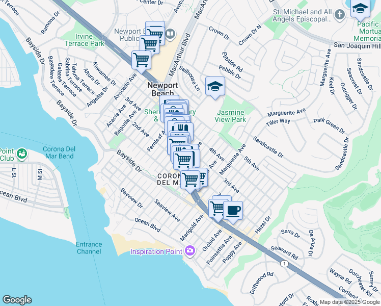 map of restaurants, bars, coffee shops, grocery stores, and more near 2950 3rd Avenue in Newport Beach