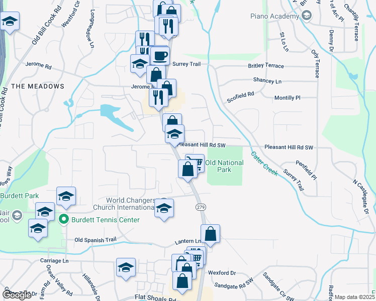 map of restaurants, bars, coffee shops, grocery stores, and more near 5750 Old National Highway in College Park