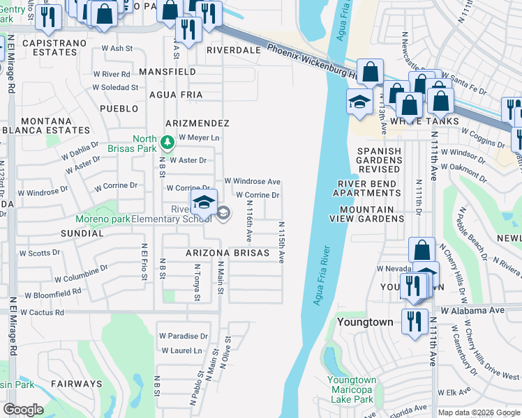 map of restaurants, bars, coffee shops, grocery stores, and more near 12810 North 115th Lane in El Mirage