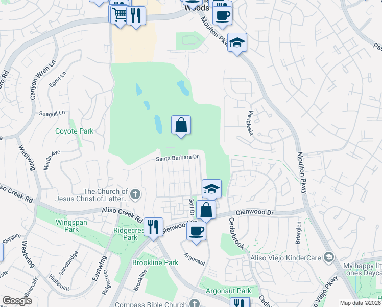 map of restaurants, bars, coffee shops, grocery stores, and more near 27 Santa Barbara Drive in Aliso Viejo