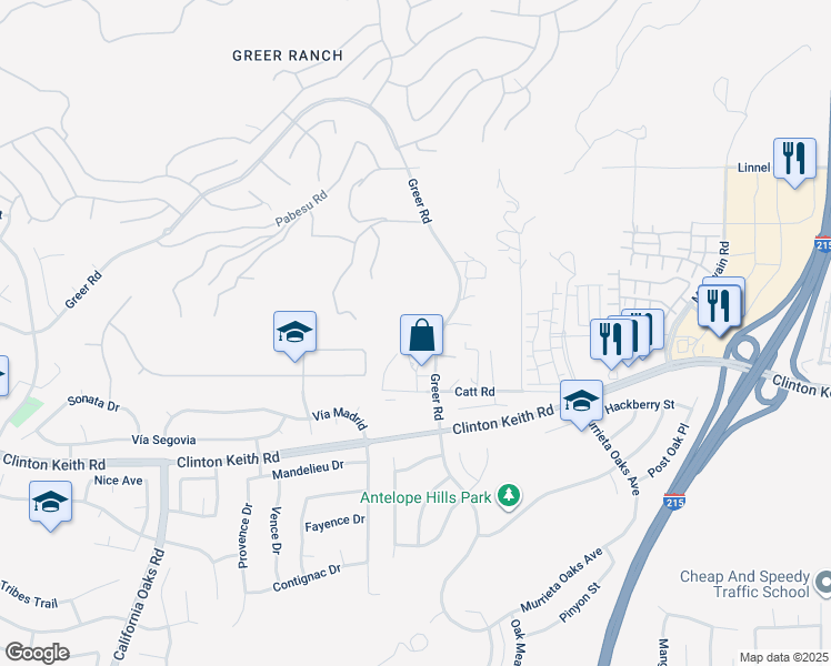 map of restaurants, bars, coffee shops, grocery stores, and more near 35895 Greer Road in Murrieta