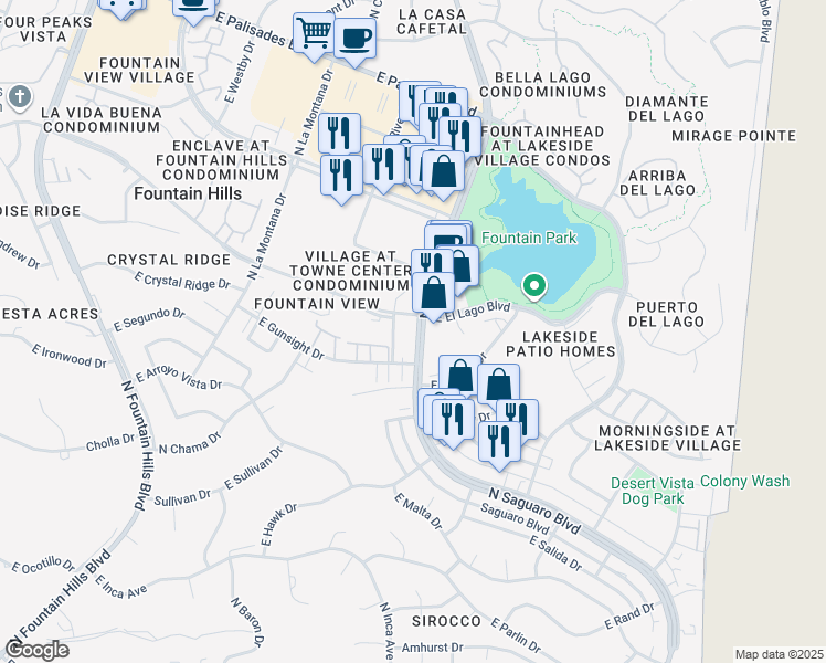 map of restaurants, bars, coffee shops, grocery stores, and more near 12438 North Saguaro Boulevard in Fountain Hills