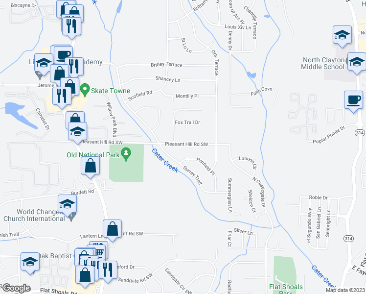 map of restaurants, bars, coffee shops, grocery stores, and more near 2225 Pleasant Hill Road Southwest in Atlanta
