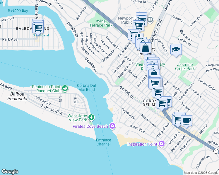 map of restaurants, bars, coffee shops, grocery stores, and more near 115 Bayside Place in Newport Beach