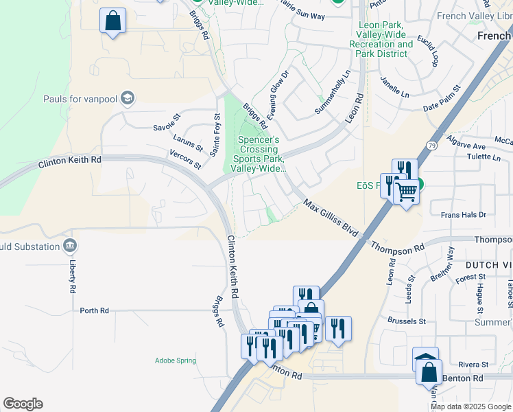 map of restaurants, bars, coffee shops, grocery stores, and more near 35821 Bobcat Way in Murrieta