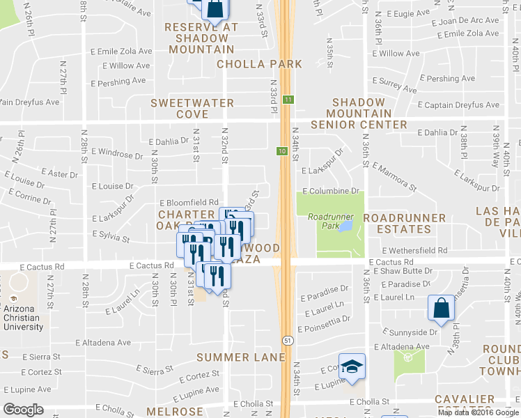 map of restaurants, bars, coffee shops, grocery stores, and more near 3316 East Bloomfield Road in Phoenix