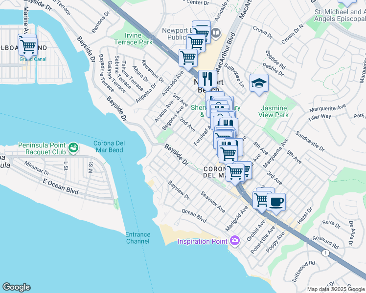 map of restaurants, bars, coffee shops, grocery stores, and more near 410 Dahlia Avenue in Newport Beach