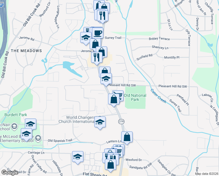 map of restaurants, bars, coffee shops, grocery stores, and more near 5714 Old National Highway in College Park