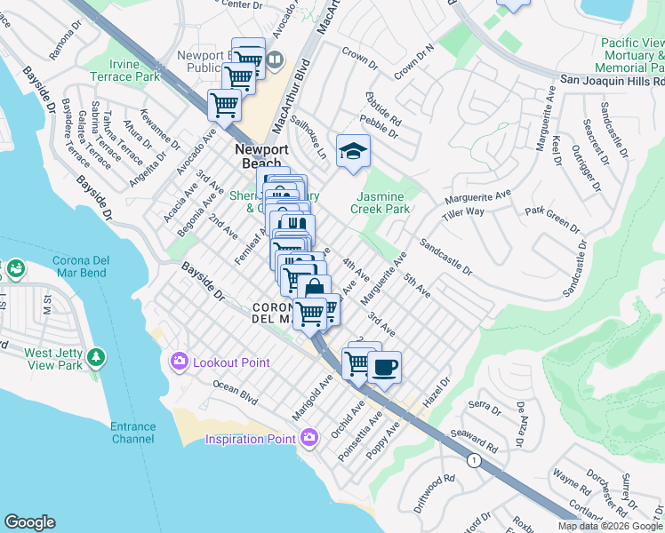 map of restaurants, bars, coffee shops, grocery stores, and more near 5 Jasmine Creek Drive in Newport Beach