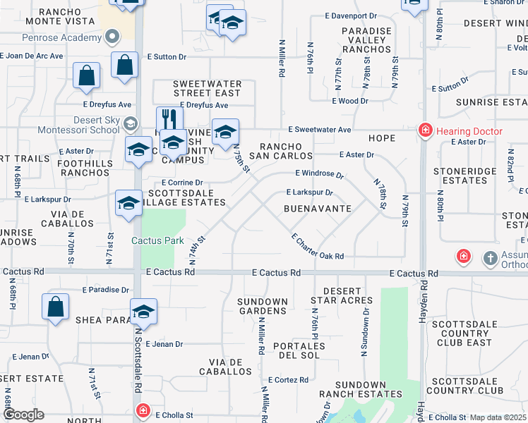 map of restaurants, bars, coffee shops, grocery stores, and more near 7513 East Larkspur Drive in Scottsdale