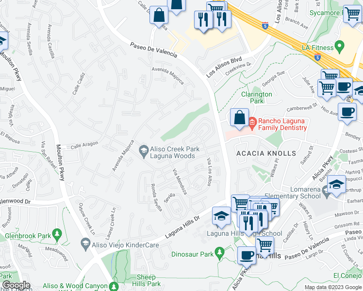 map of restaurants, bars, coffee shops, grocery stores, and more near 629 Avenida Sevilla in Laguna Woods