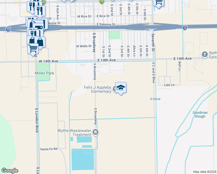 map of restaurants, bars, coffee shops, grocery stores, and more near 10330 East Vernon Avenue in Blythe