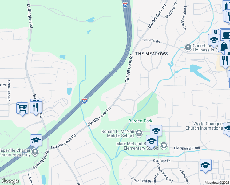 map of restaurants, bars, coffee shops, grocery stores, and more near 5715 Old Bill Cook Road in College Park