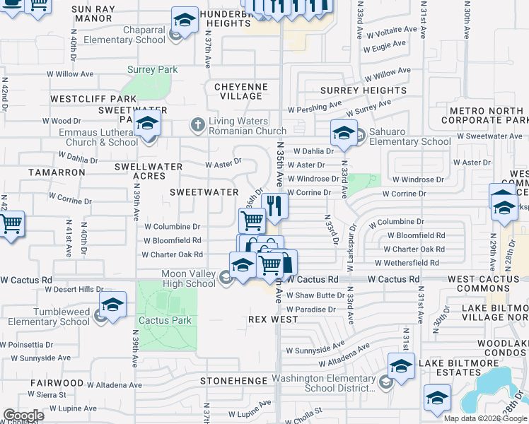 map of restaurants, bars, coffee shops, grocery stores, and more near 12445 North 36th Drive in Phoenix