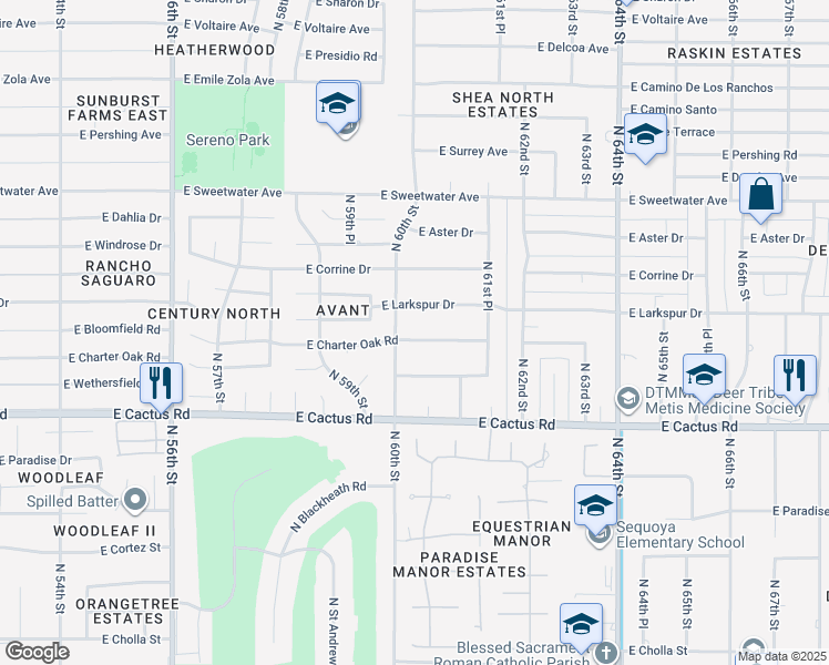 map of restaurants, bars, coffee shops, grocery stores, and more near 6016 East Charter Oak Road in Scottsdale