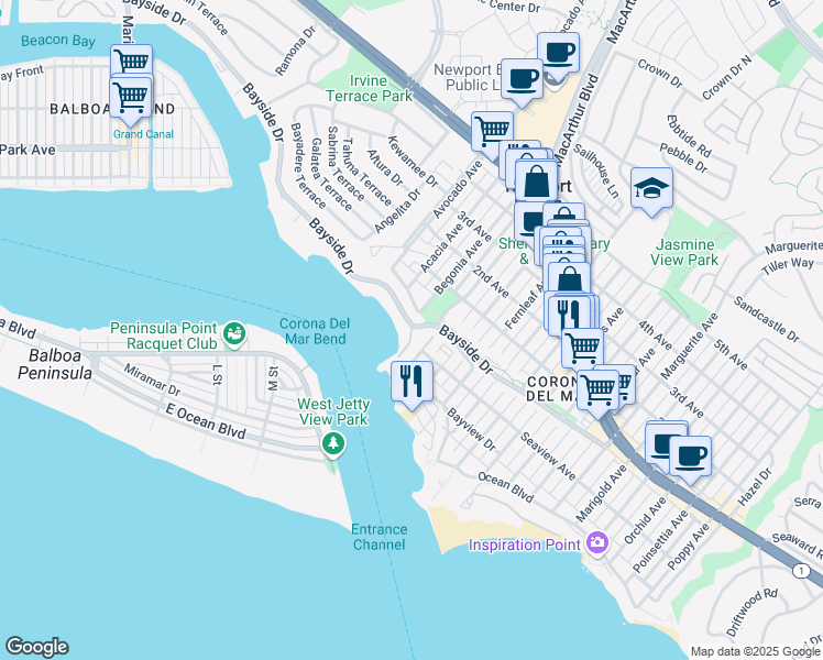 map of restaurants, bars, coffee shops, grocery stores, and more near 115 Bayside Place in Newport Beach