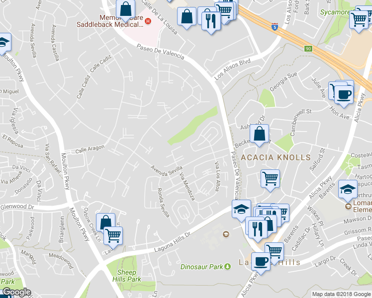 map of restaurants, bars, coffee shops, grocery stores, and more near 616 Avenida Sevilla in Laguna Woods