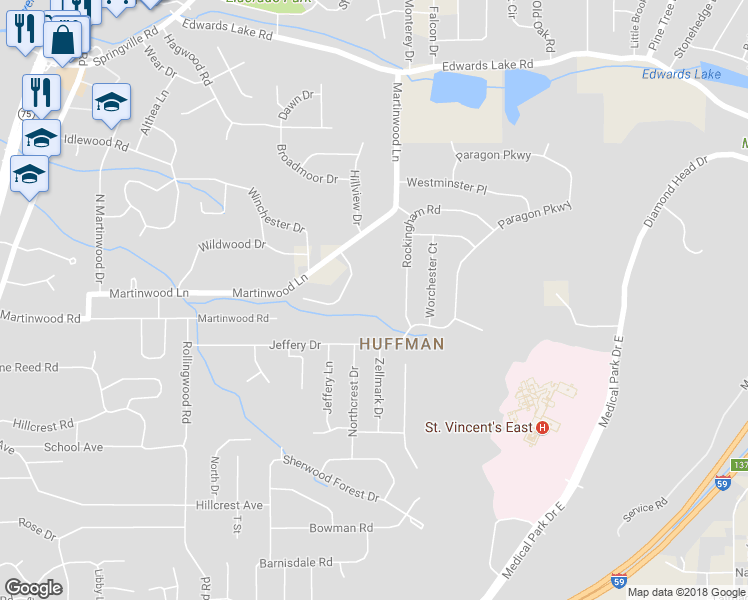 map of restaurants, bars, coffee shops, grocery stores, and more near 1033 Martinwood Lane in Birmingham