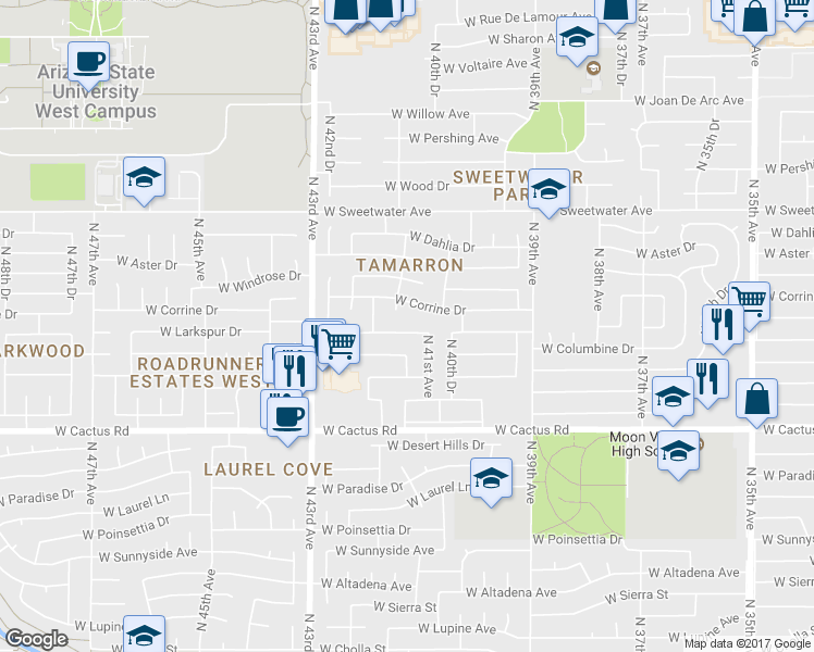 map of restaurants, bars, coffee shops, grocery stores, and more near 4124 West Columbine Drive in Phoenix