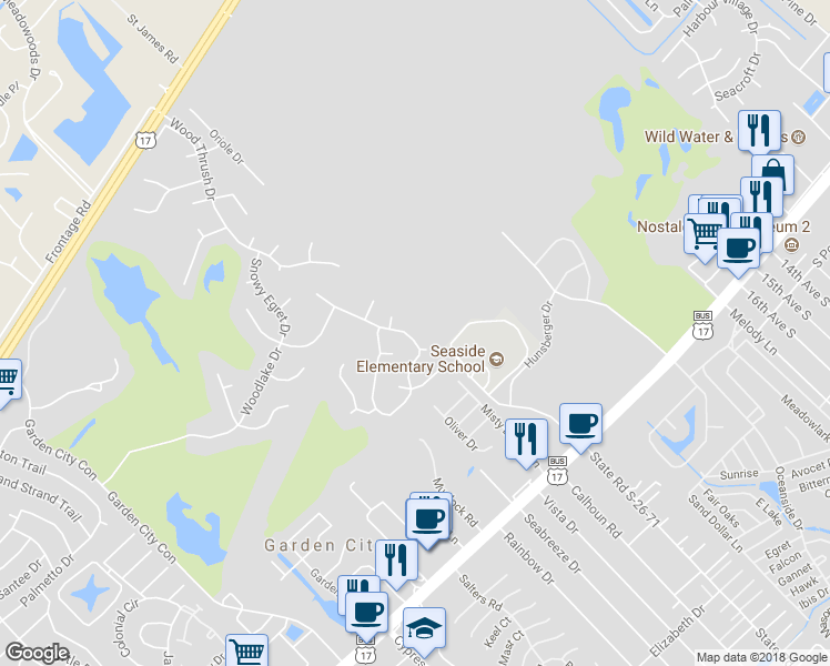 map of restaurants, bars, coffee shops, grocery stores, and more near 619 Bluebird Lane in Murrells Inlet