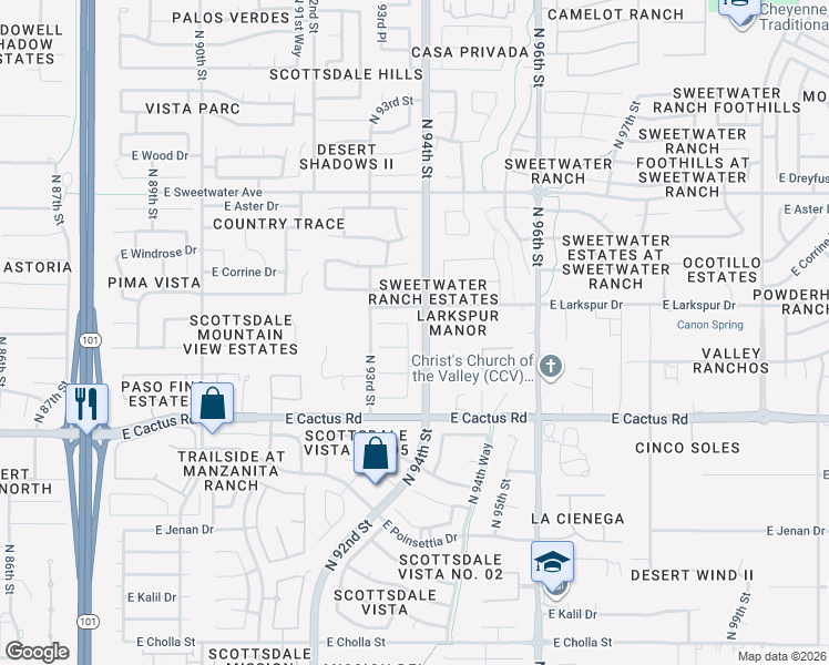 map of restaurants, bars, coffee shops, grocery stores, and more near 12475 North 93rd Street in Scottsdale