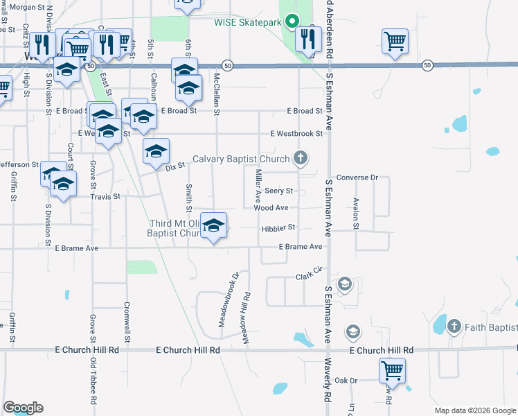 map of restaurants, bars, coffee shops, grocery stores, and more near 1001 Wood Avenue in West Point