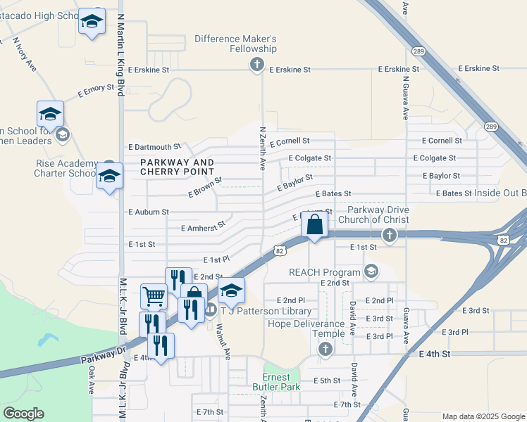 map of restaurants, bars, coffee shops, grocery stores, and more near 2601 East Bates Street in Lubbock
