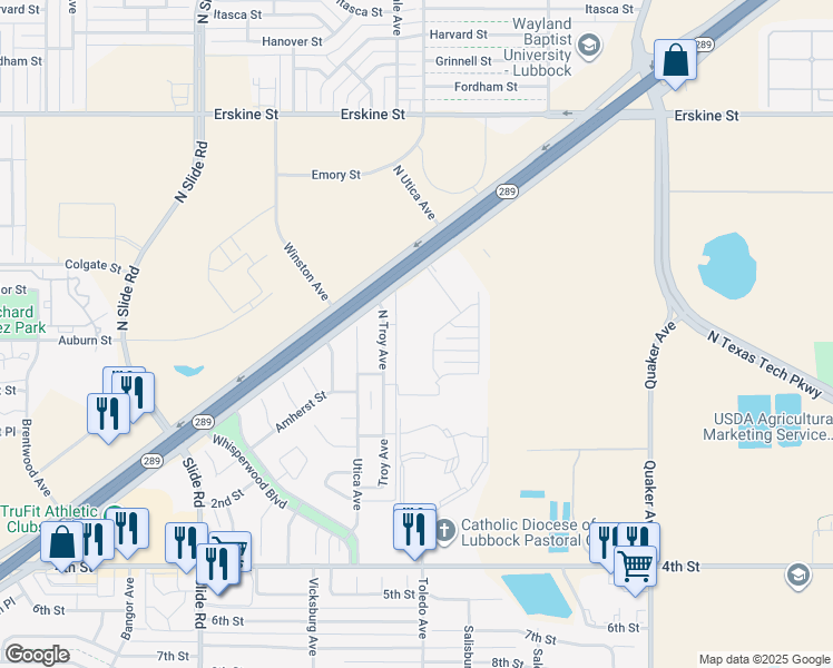 map of restaurants, bars, coffee shops, grocery stores, and more near 21346 Bates in Lubbock