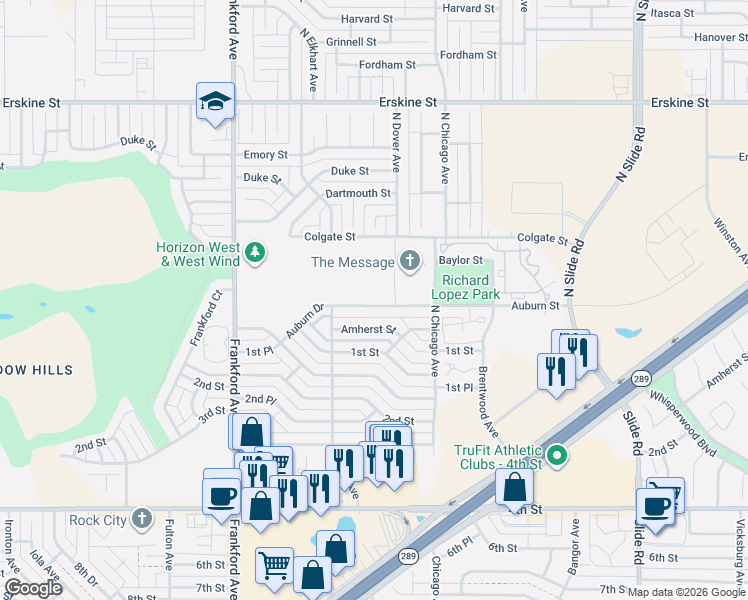 map of restaurants, bars, coffee shops, grocery stores, and more near 5527 Auburn Street in Lubbock