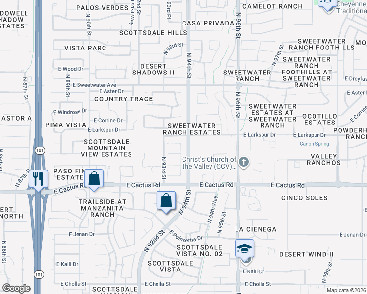 map of restaurants, bars, coffee shops, grocery stores, and more near 12475 North 93rd Street in Scottsdale