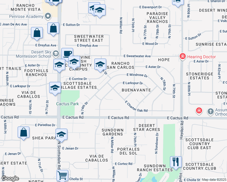 map of restaurants, bars, coffee shops, grocery stores, and more near 7513 East Larkspur Drive in Scottsdale