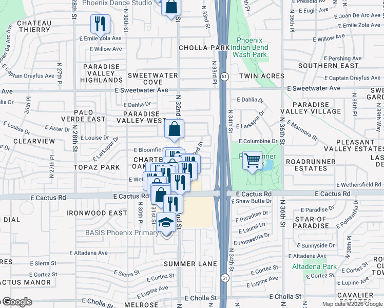 map of restaurants, bars, coffee shops, grocery stores, and more near 12439 North 32nd Street in Phoenix