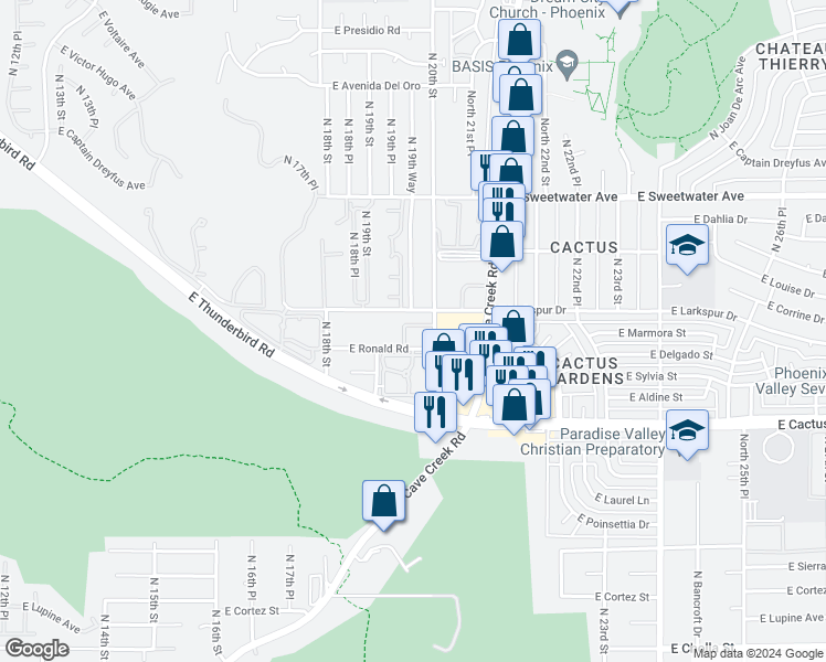 map of restaurants, bars, coffee shops, grocery stores, and more near 12440 North 20th Street in Phoenix